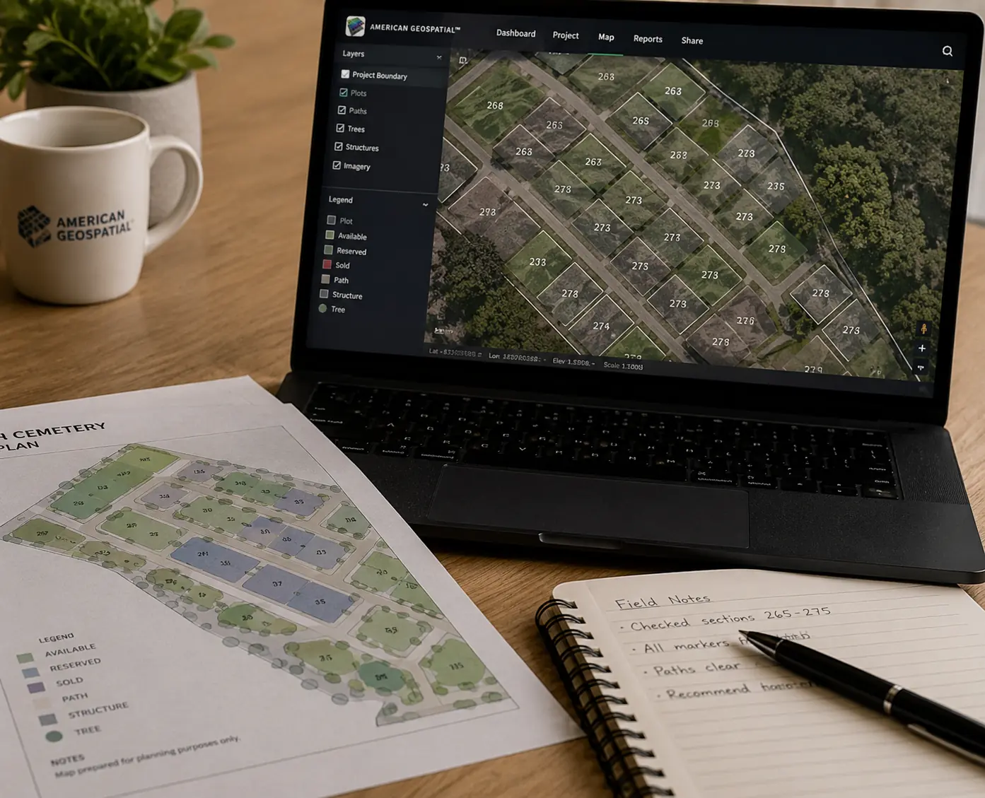 Cemetery map deliverable being reviewed at a desk